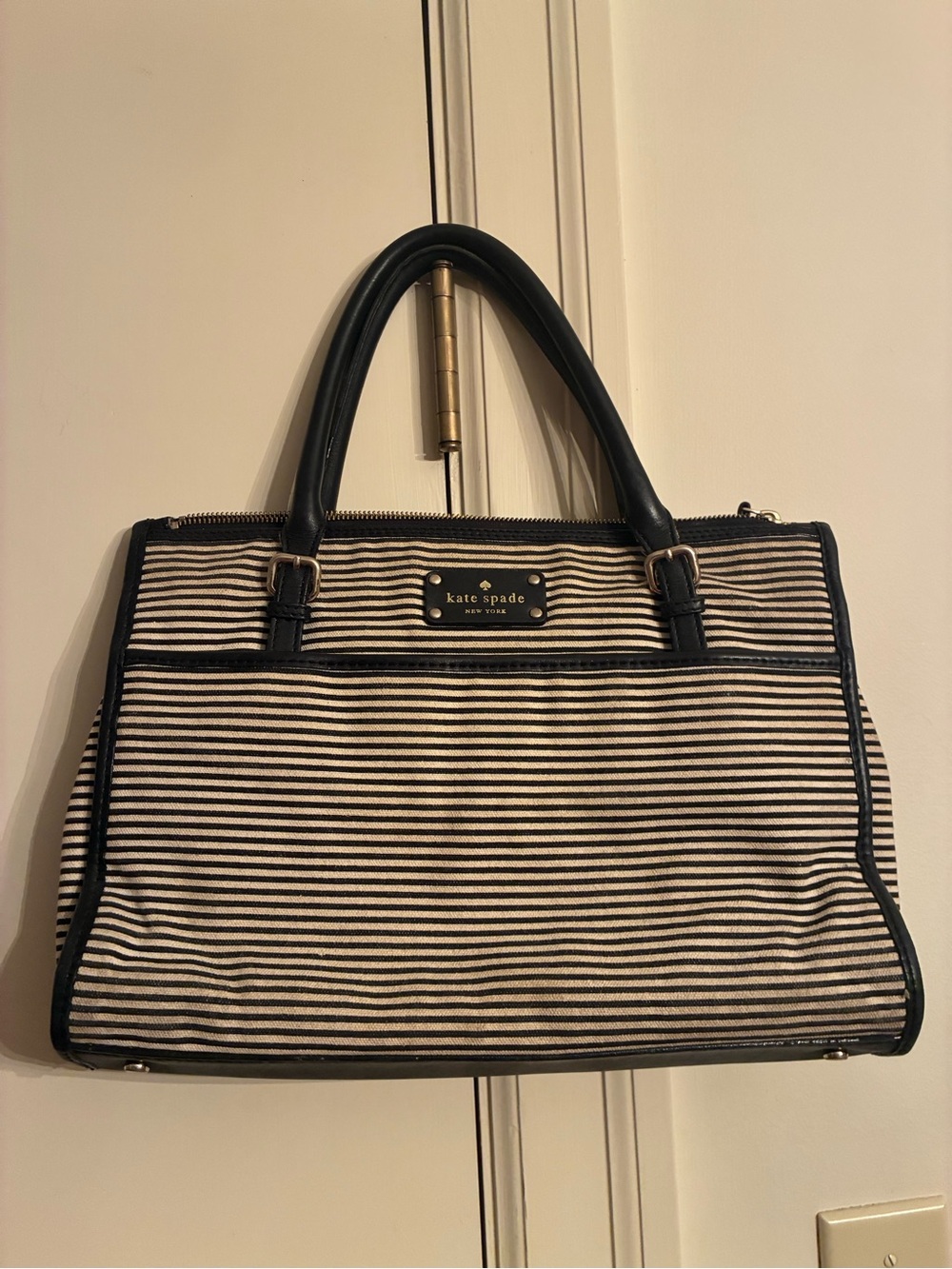 kate spade Black and White Striped Canvas Satchel with Navy Trim